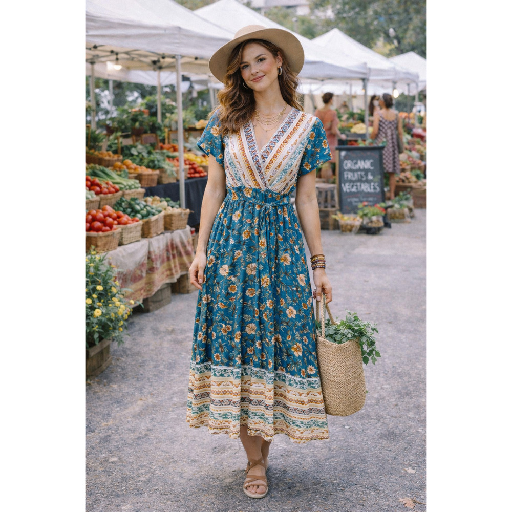 LAPIS Cotton Blend Blue Floral Print Bohemian Dress V Neck with Waist Tie Size S